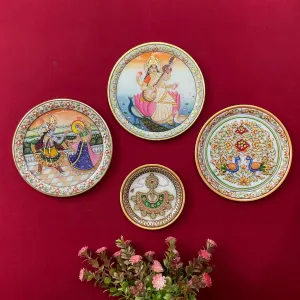 Saraswati Ma, Radha Krishna Meenakari Jewelry Painting (Set of 4) - Wall Hanging - Decorative Round Marble Plate