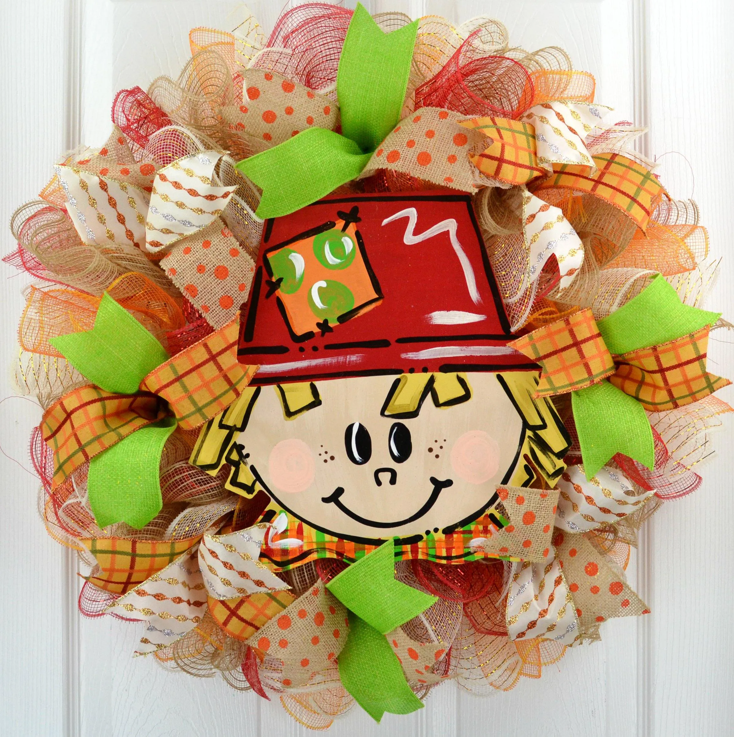 Thanksgiving Deco Mesh Wreath | Scarecrow Handpainted Fall Front Door Mesh Wreath
