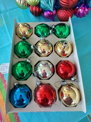 Vintage Ornaments in Box - Assorted Green, Red, Silver, Blue